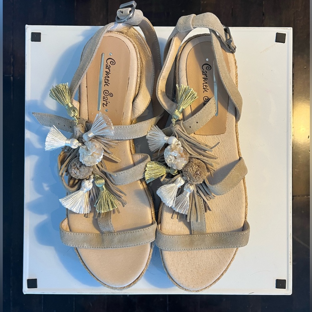 Carmen Saiz Tan Suede Strap Sandals adorned with Fringe and Poms	Sandals 	Size 9